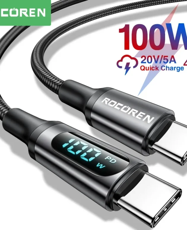 Rocoren PD 100W LED Display USB Type C Cable 5A Quick Charge Fast Charging Charger For Xiaomi POCO Samsung Data Cable Wire Cord