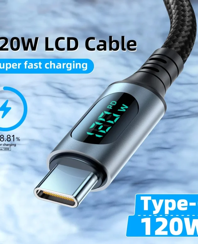 Ultra-Super Fast Charge Cable 120W 6A USB A To Type C Nylon Data Cord For Xiaomi Redmi Samsung With Led Digital Display Cable
