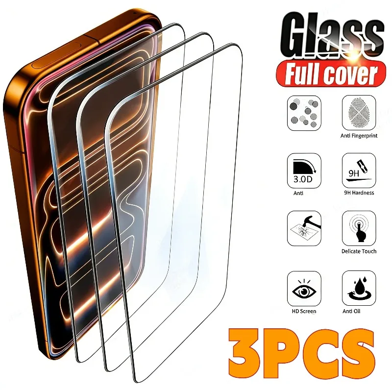3 Pcs Tempered Glass For iPhone 17 16 15 14 13 12 11 Pro Max Plus Mini Curved Full Cover Screen Protector