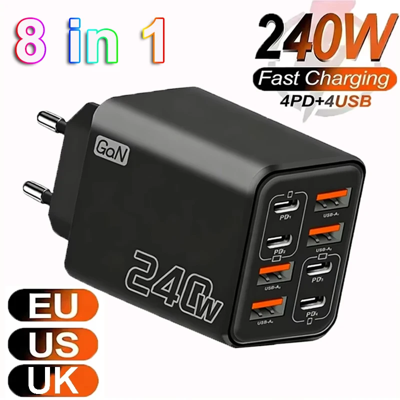 240W GaN USB C Charger 8 in 1 Fast Charging Phone Charger Power Adapter For iPhone Xiaomi Type C EU/US/UK Plug Wall Charger 2026