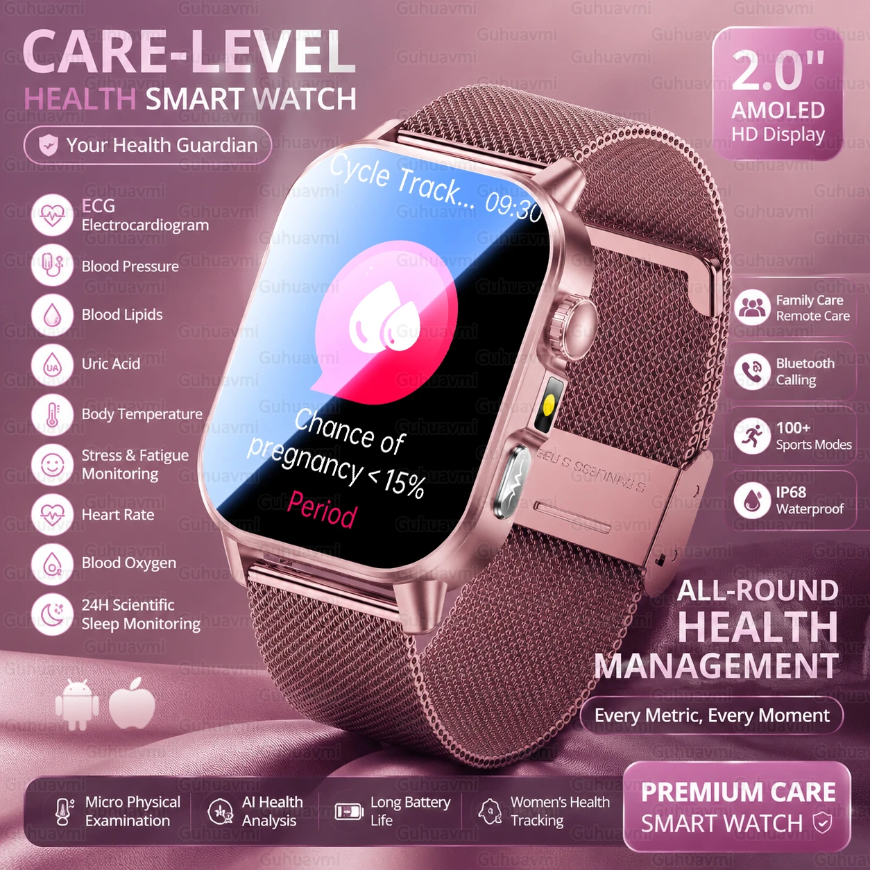 Women Premium Health Smart Watch AMOLED Screen ECG Heart Rate BP Lipid Uric Acid Women Cycle Tracking Bluetooth Call Smartwatch