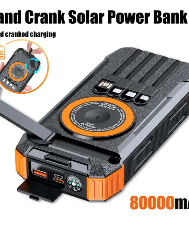 2026 NEW Solar Power Bank 80000mAh 22.5W Magnetic Wireless Powerbank Hand Crank with Cable Portable Charger for Outdoor Camping