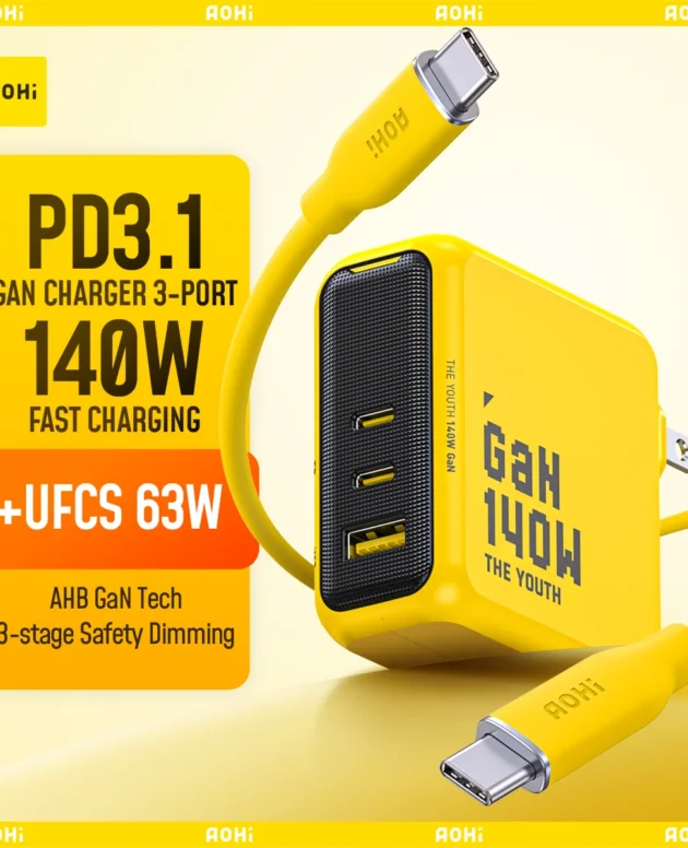 AOHI Youth 140W GaN Charger PD3.1 3-Port Type C Quick Charge For Macbook Pro Laptop USB Fast Charger For iPhone Tablet
