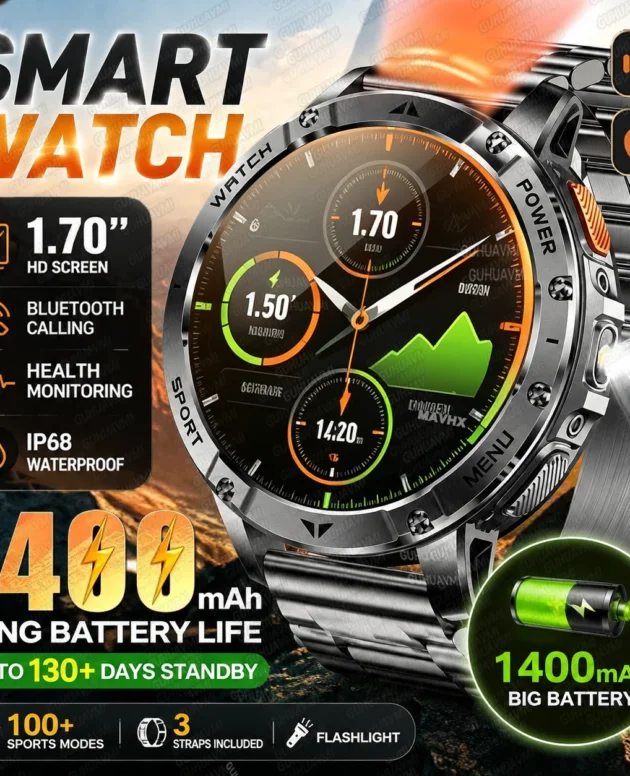 2026 New 1400mAh Clock 2.01" AMOLED Smart Watch 130+days of standby 100 Metre Waterproof Bracelet SOS Call Flashlight Smartwatch
