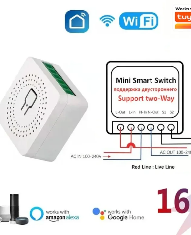 Mini 16A WiFi Switch Works with Tuya Smart Life App 2 Way Control Smart Home Automation Module Interruptor Work for Alexa Google