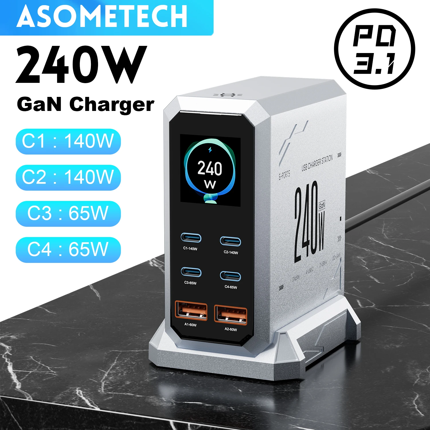 240W Digital GaN Charger PD3.1 140W USB Type C 6 Ports Desktop Fast Charging Station for IPhone Samsung Xiaomi MacBook Laptops