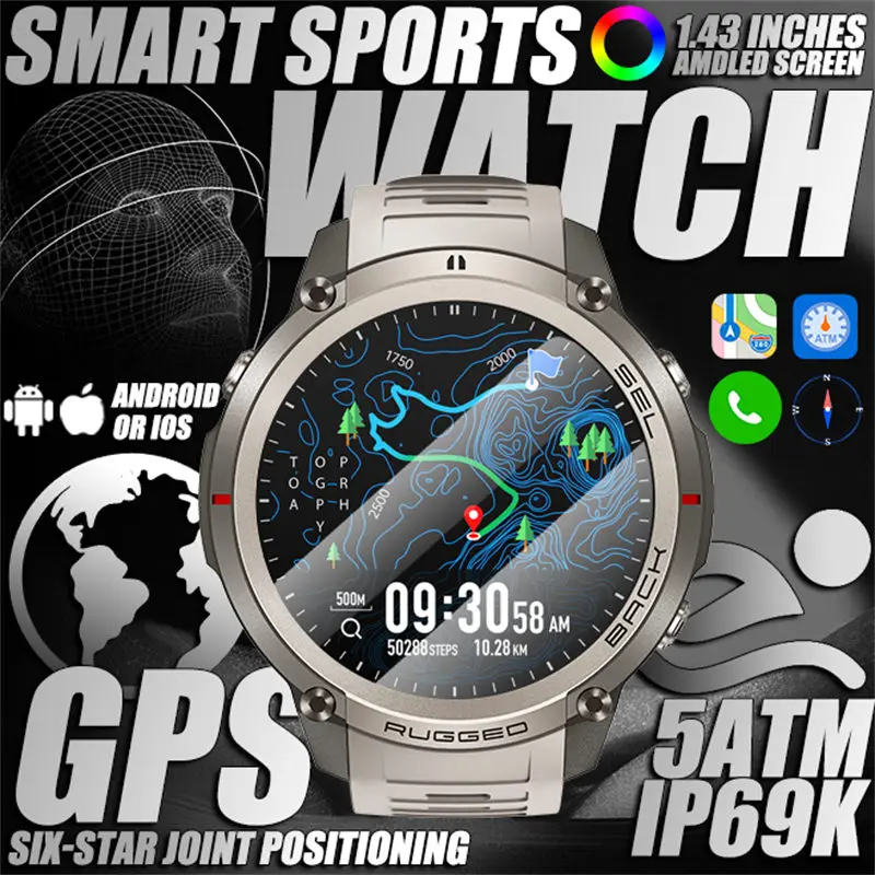 2026 new military tactical outdoor GPS smart watch HD offline map Bluetooth call 5atm professional waterproof fitness bracelet