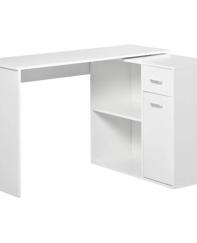 180 ° Swivel Corner desk White 117x82x74cm L Shape, 1 Drawer 2 Shelves 1 wardrobe 70kg