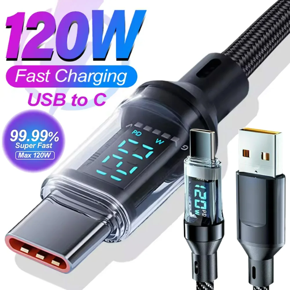 120W USB To Type C Charger Cable Quick Charging for Xiaomi Samsung Tablet Laptop 1.5m/2m Digital Dispaly Fast Charger Wire Cord