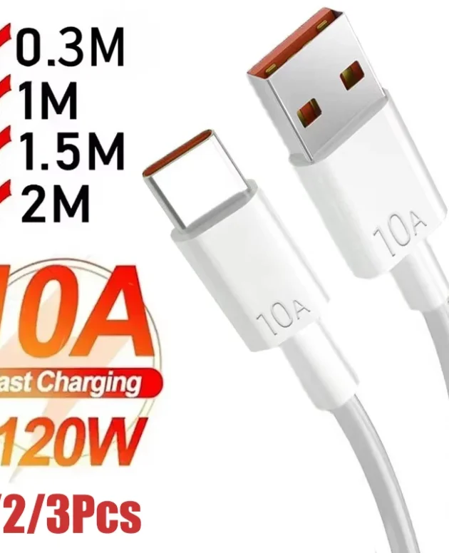 1/2/3Pcs 10A Cable 120W Super Fast Charging USB to Type C Cable For Android Highspeed Data Transfer For Xiaomi Redmi 2M Cable