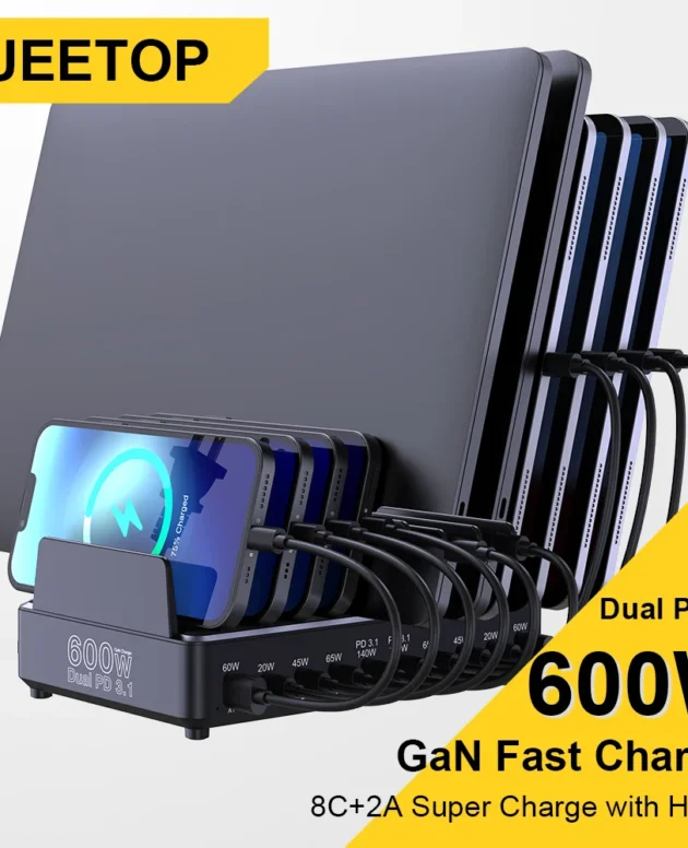 Ueetop 600W Multi USB Fast Charger 10-Port GaN PD 3.1 Charging Station Stand for MacBook iPhone 16 15 iPad Samsung Tablet Laptop