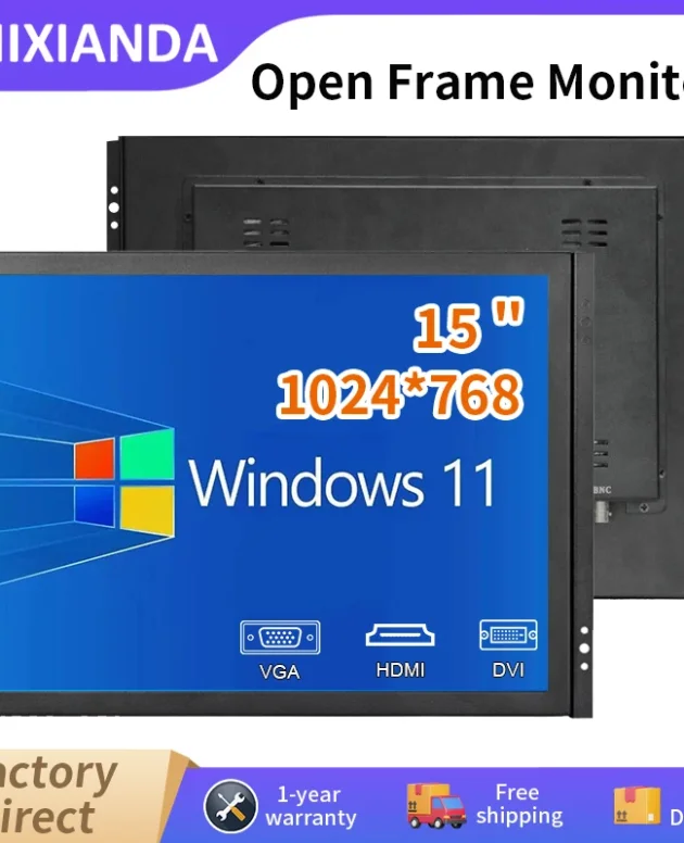 Zhixianda Open Frame Monitor 15 Inch 1024*768 Square Screen 4:3 Industrial Grade Display With DVI HDMI VGA Interface