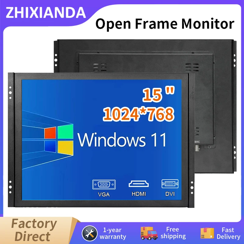 Zhixianda Open Frame Monitor 15 Inch 1024*768 Square Screen 4:3 Industrial Grade Display With DVI HDMI VGA Interface