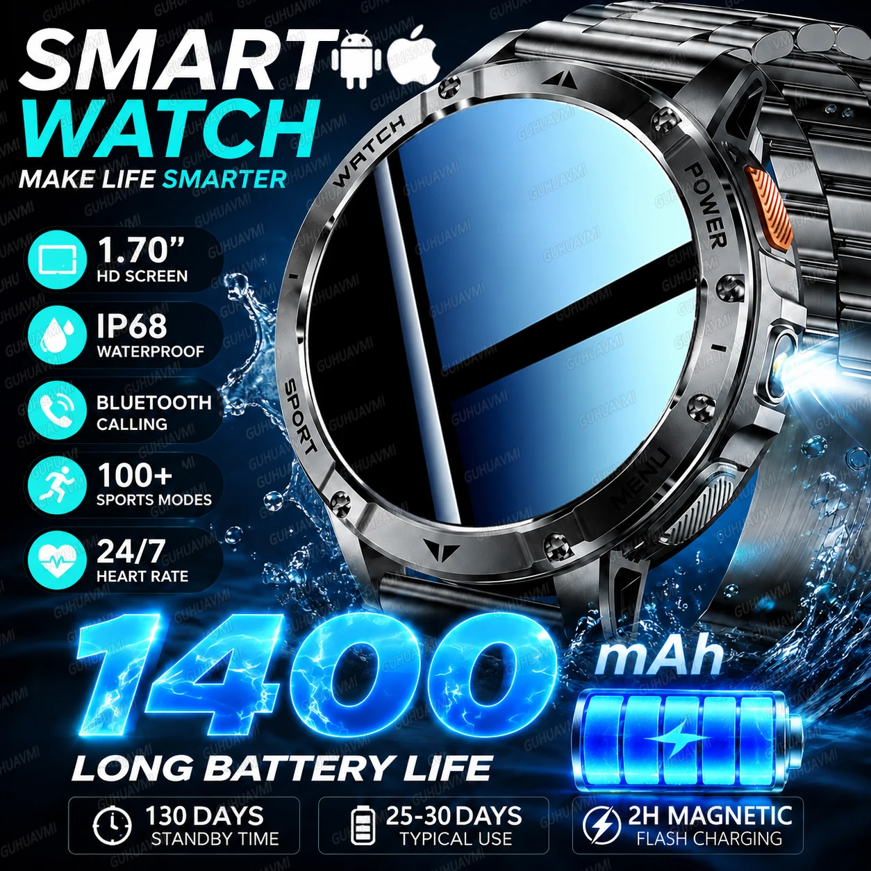 2026 New Military 1400mAh Big Battery Smart Watch Men 100 Metre Waterproof Sports Health Clock SOS Call Flashlight Smartwatches