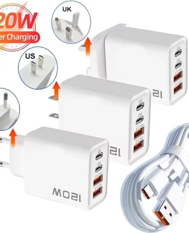 Total 120W 4 Port USB Charger USB Type C Fast Charging Cable Phone Charger Universal USB device Power Adapter QC3.0 Wall Charger