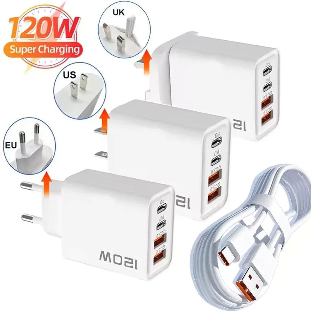 Total 120W 4 Port USB Charger USB Type C Fast Charging Cable Phone Charger Universal USB device Power Adapter QC3.0 Wall Charger