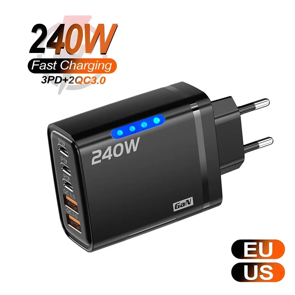 5 in 1 240W GaN Charger PD Fast Charging Phone Charger Power Adapter For iPhone Samsung Xiaomi USB C EU/US/UK Plug Wall Charger